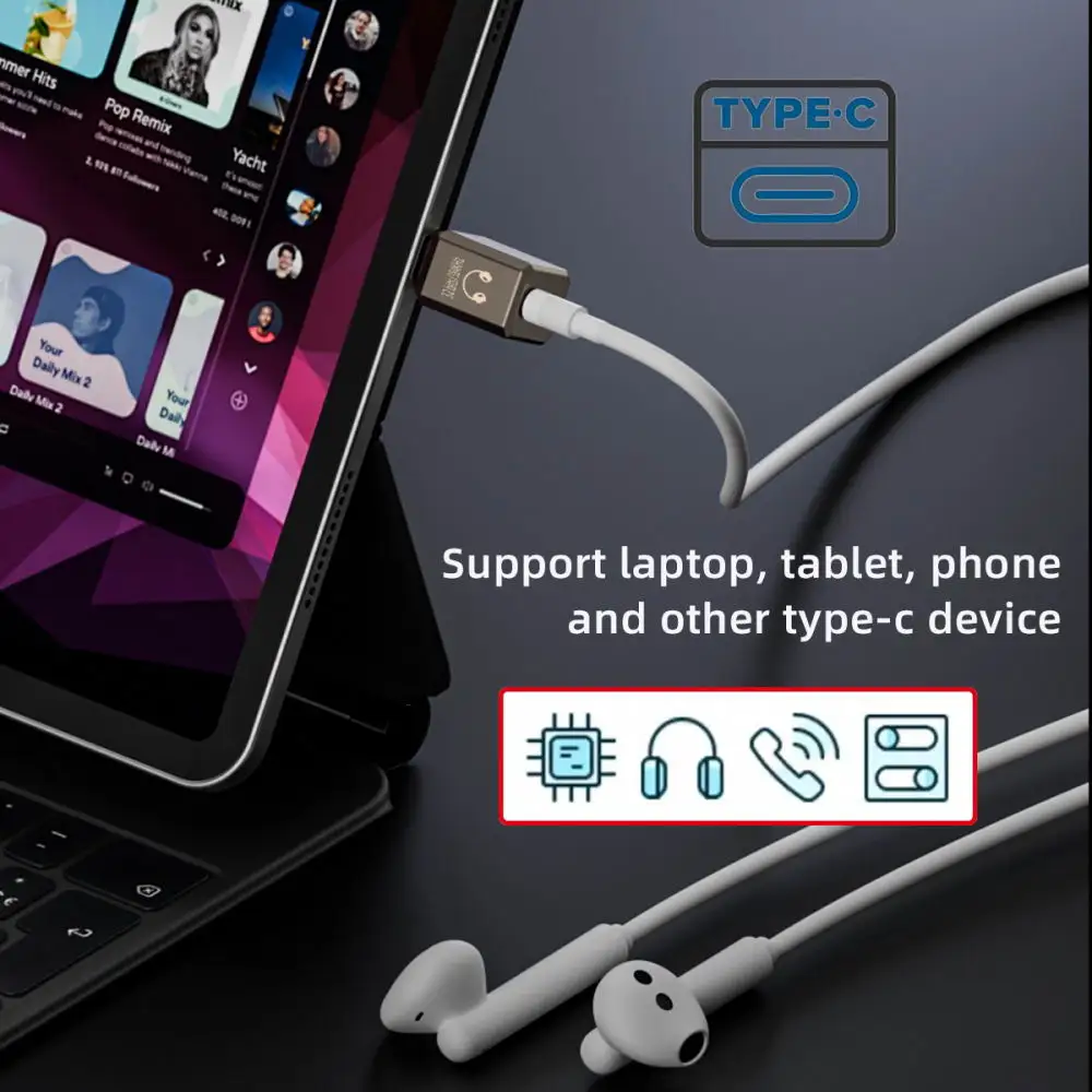 USB C Headphone Adapter Type C USB-C to DAC 3.5mm Hi-Fi Audio AUX and MIC Soundcard Compatible Laptop Tablet Mobile Phones