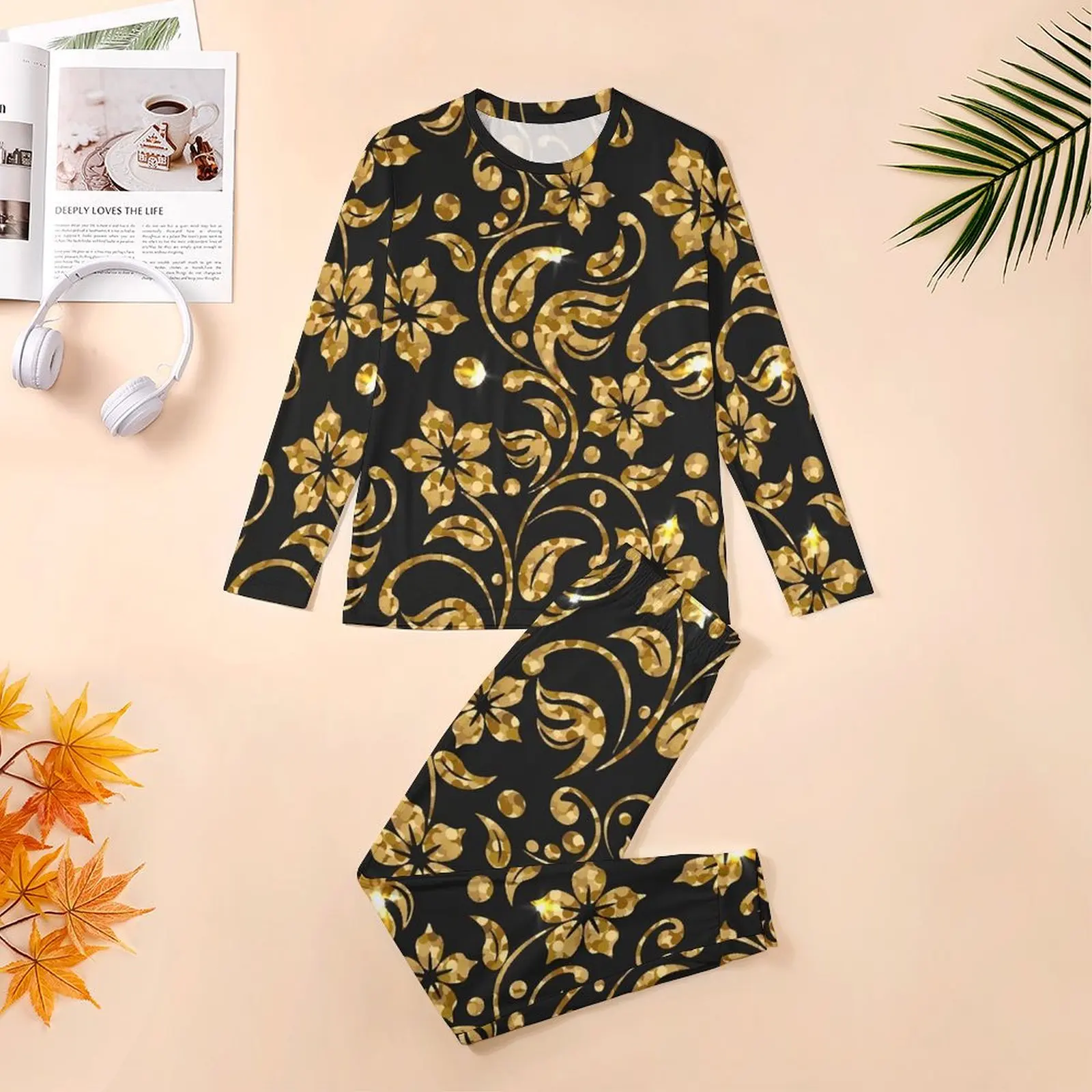 Retro Baroque Pajamas Winter Two Piece Gold Floral Cute Pajama Sets Men Long Sleeve Leisure Custom Sleepwear Large Size