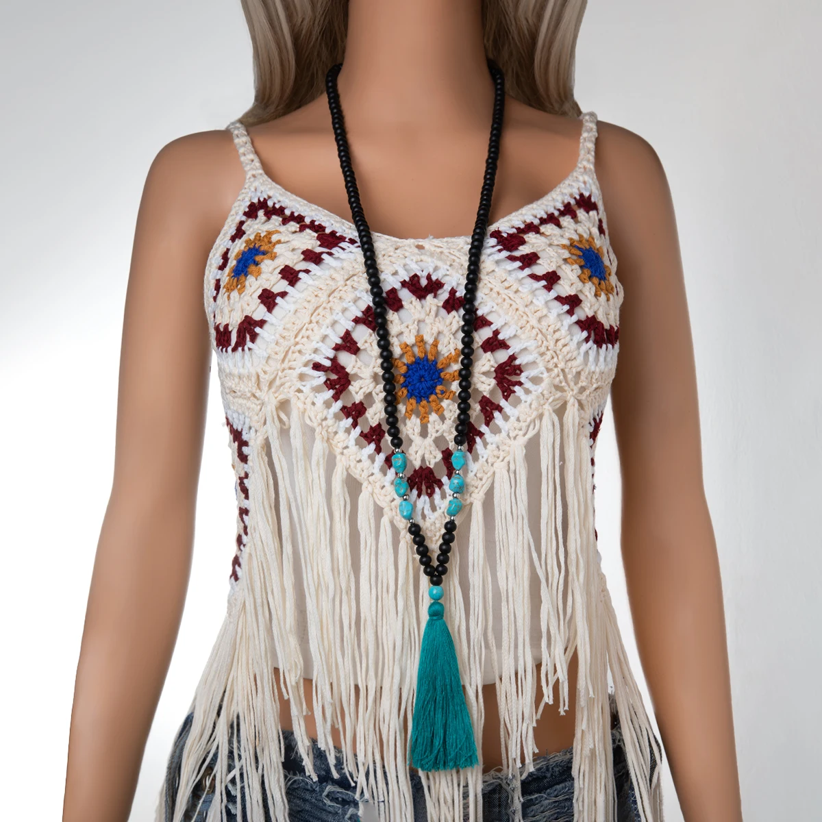 Fashionable retro black wood bead mixed with turquoise bead long tassel Y-shaped versatile women's long necklace