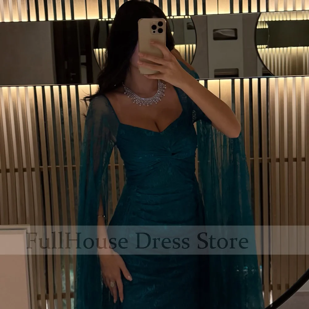 Bespoke Occasion Elegant V-neck Lace Cape Evening Dress Sheath Sexy Backless Maxi Length Saudi Arab Dress فساتين سهرة