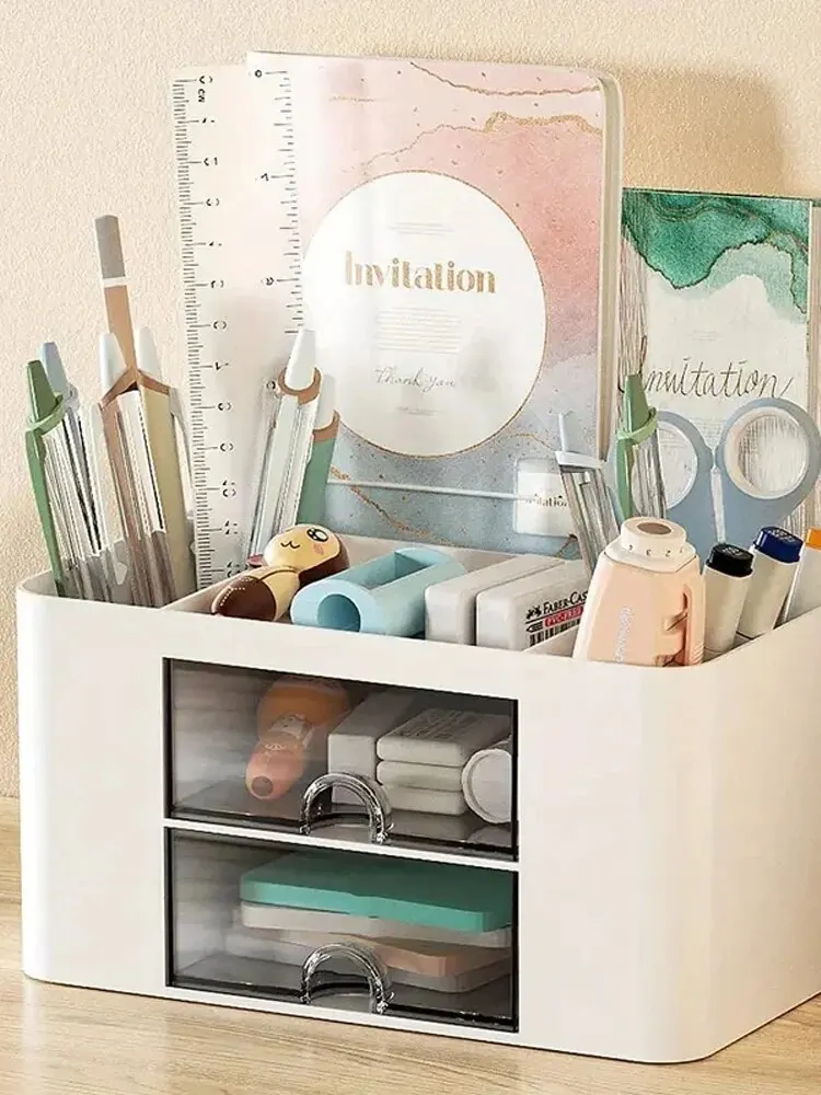 Pen Organizer With 2 Drawer Multi-functional Pencil Holder For Desk Holder Storage Box For Desk Office Supplies Vanity JJ1881IU