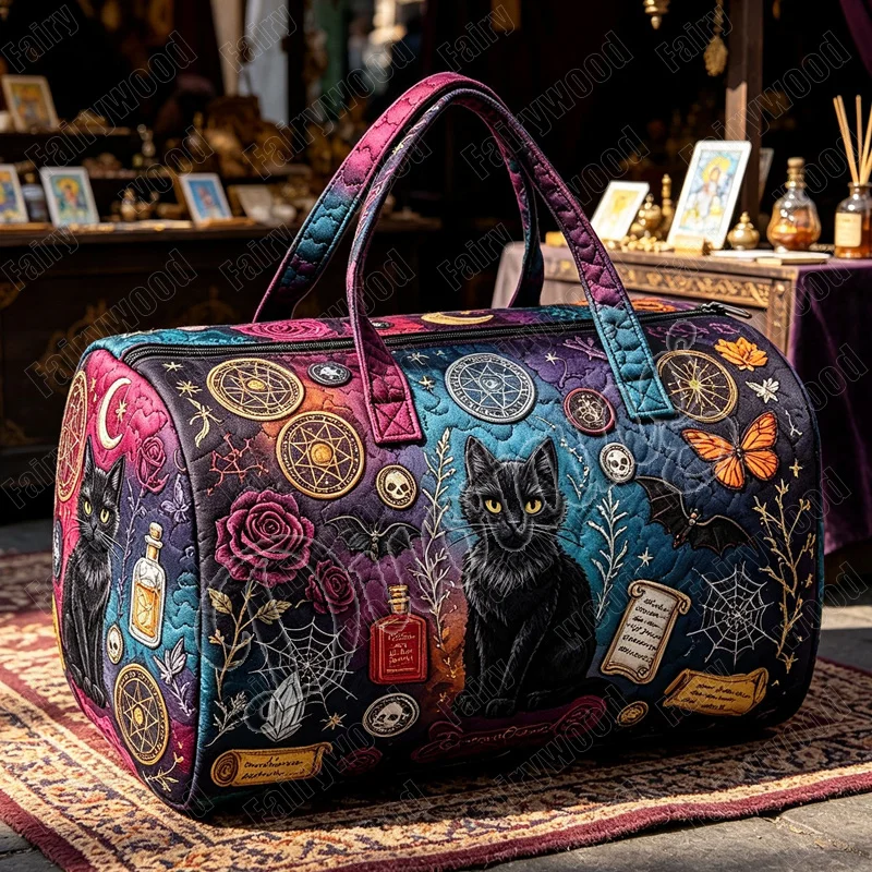 Mysterious Magic Black Cat Print Handbag for Travel Heptagram Red Roses Skull Women Outdoor Duffle Totes Shoes Holder Yoga Bag