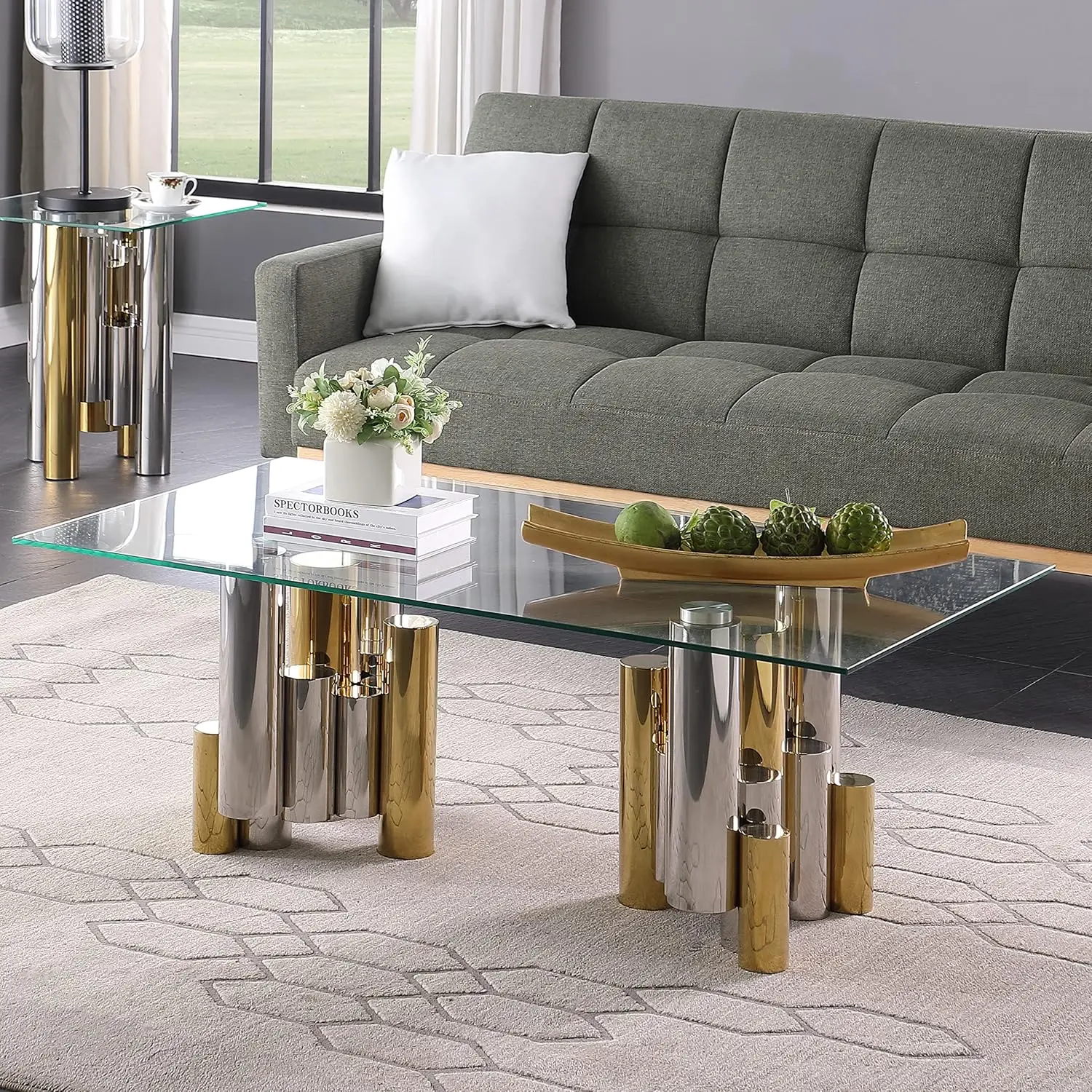 Clear Glass Coffee Table with Gold Silver Irregular Stainless  Luxury Rectangular  Living Room Modern Elegant  Home Office