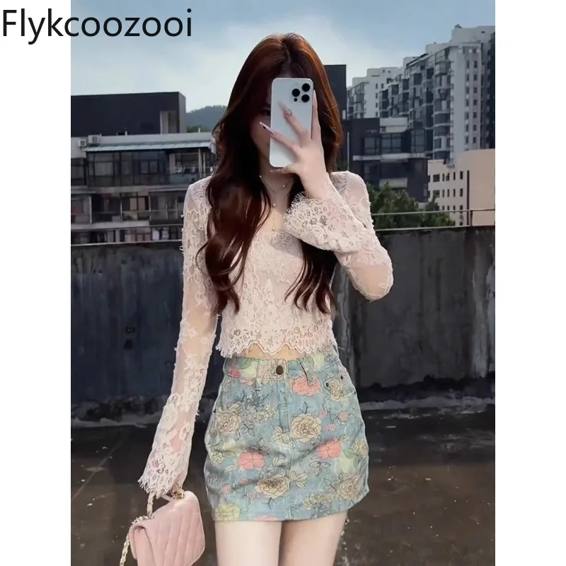 

V-neck Lace Spliced Long Sleeve Tight Shirt Crop Top Women High-waisted Sheath Wrap Hip Printed Jeans Skirt Summer Chic Outfit