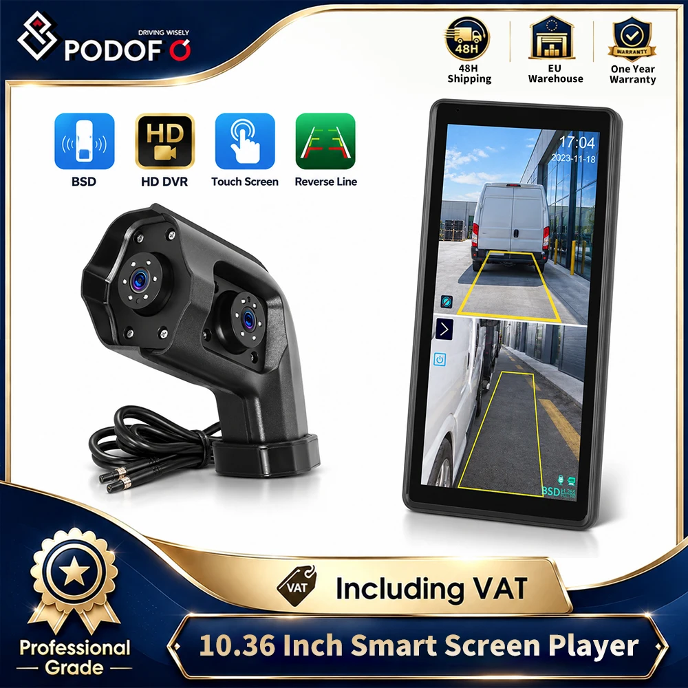 Sistema di telecamere di retromarcia cablate con schermo touchscreen IPS da 10,36'' 2.5D, 2 telecamere, BSD, DVR, registrazione in loop, impermeabile IP68, visione notturna per camion, camper, furgoni