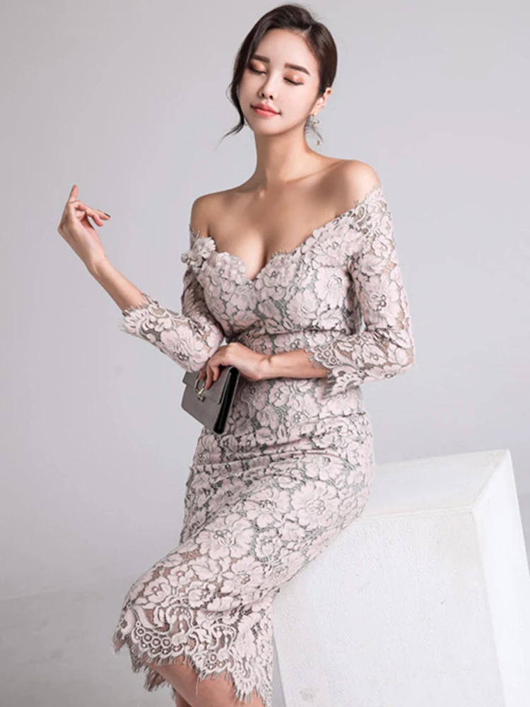 Korean Style Fashion Lace Dress Women Elegant Chic Sexy Low Cut Bodycon Midi Robe Evening Party Prom Vestidos Banquet Clothes