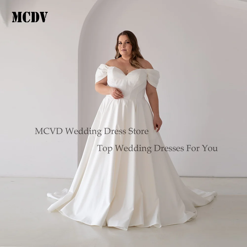 

MCDV Off Shoulder Satin Wedding Dresses Plus Size Sweetheart Corset Back Pleat Elegant robe de mariée Customized Bride Gowns
