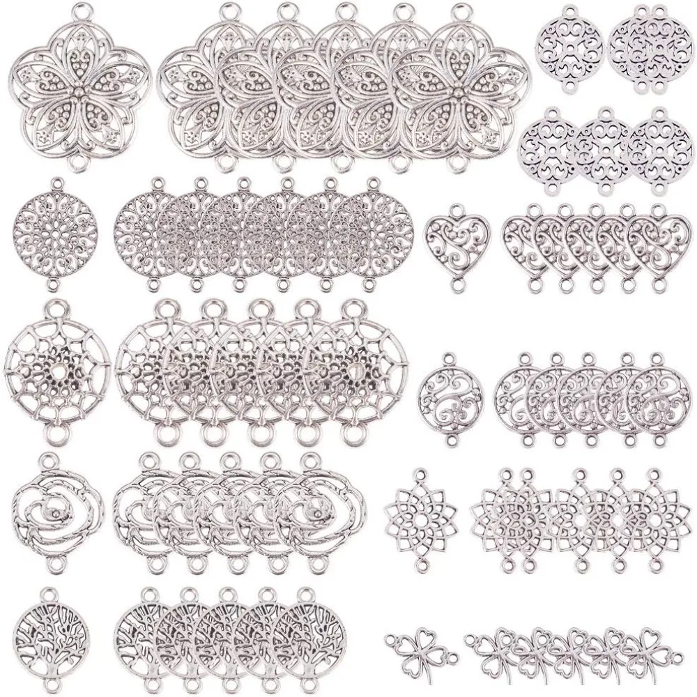 1 Box 60pcs Assorted Connector Charms Flower Tree of Life Charms Dream Catcher Antique Silver Chakra Heart Linking Connectors