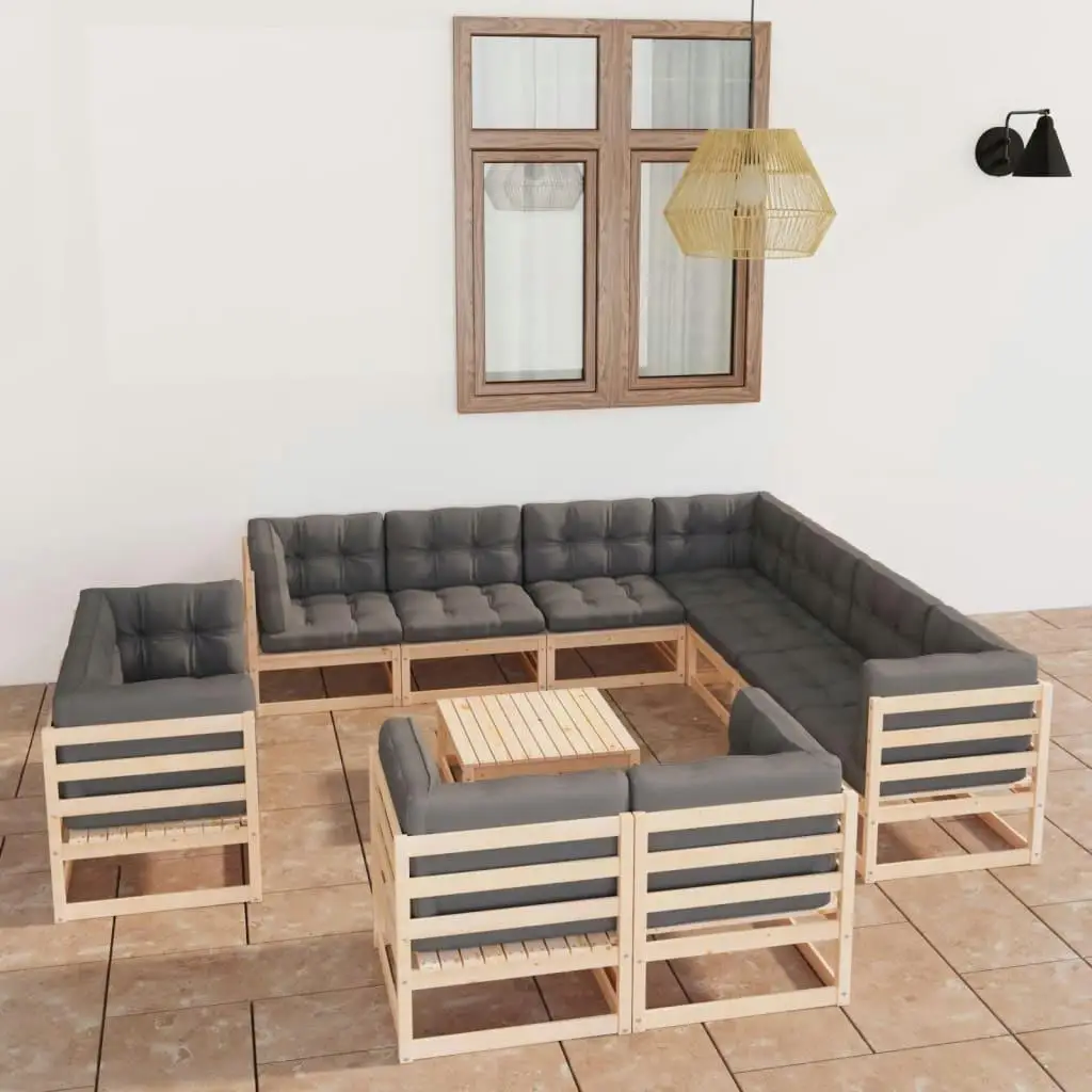 12-Piece Patio Lounge Set with Cushions - Premium Solid Pine Wood Furniture