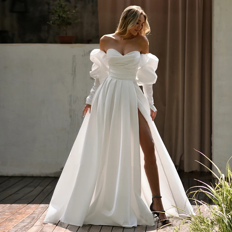 

Charming Wedding Dresses with Removable Long Sleeves 2024 A-Line Sexy High Slit Lace Up Beautiful Bride of the Day Gowns