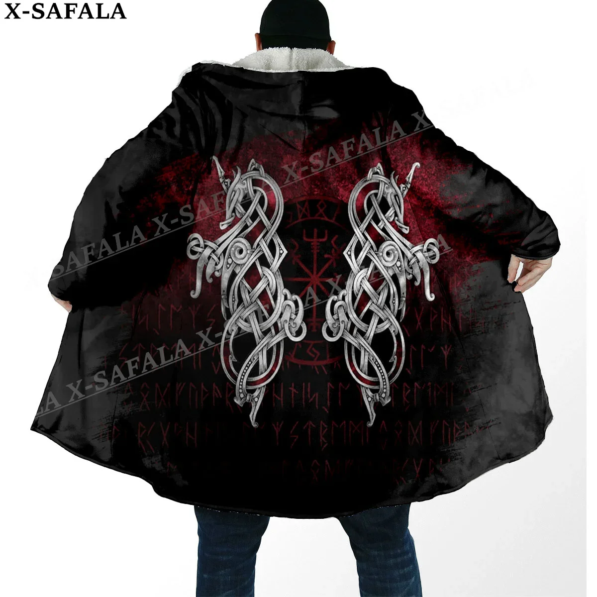 Norse Mythology Vegvisir Viking Symbol Thick Warm Hooded Cloak Men Overcoat Coat Windproof Fleece Cape Robe Hooded Blanket-29