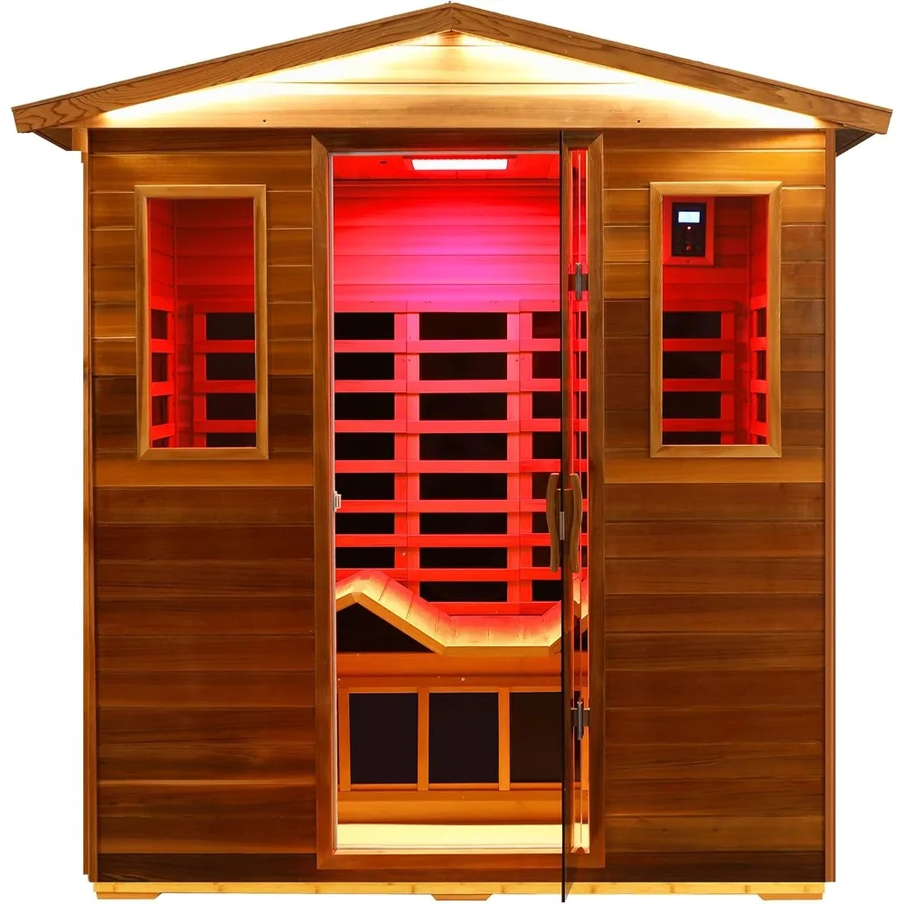 Red Cedar Ultra Low EMF Far Infrared Outdoor Sauna 3 Person with Ergonomic Seat, Mid-IR Beauty Lamp, 1950 W, 7 Infrared Carbon