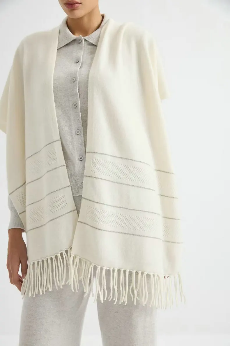 Women'S Autumn/Winter Cashmere Scarf With Sparkling Beaded Chain – Knitted Tasseled Shawl / Long Warm Neck Wrap