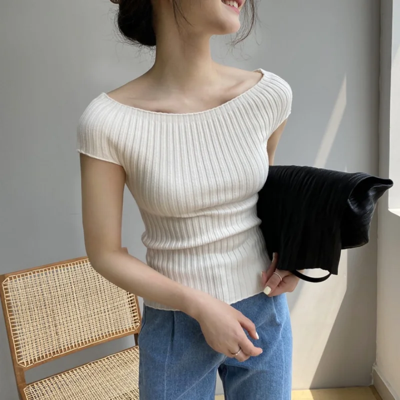 

Летняя женская футболка Dongda Gate 2025 с одним открытым плечом, коротким рукавом, облегающая, удобная, тонкая, вязаная, для ношения под одеждой