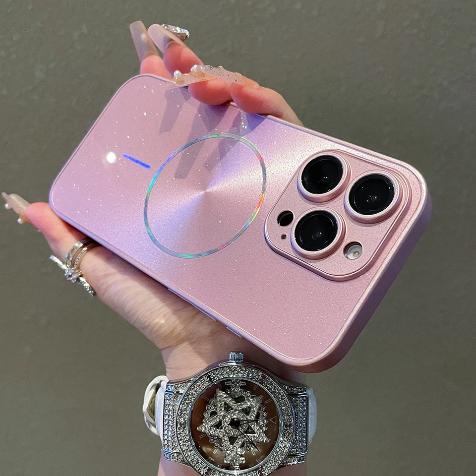 Funda magnética de lujo con brillo y efecto aurora para iPhone 15 16 17 Pro Max 14 Plus 13 12 11, protección completa de lente 4