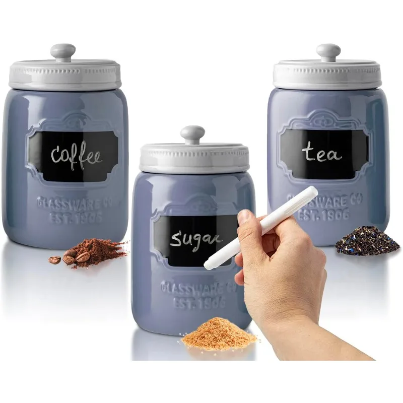 

Mason Jar Ceramic Canister Set for Kitchen - Set of 3 Decorative Storage Containers with Air-Tight Lids for Coffee, Sugar & More