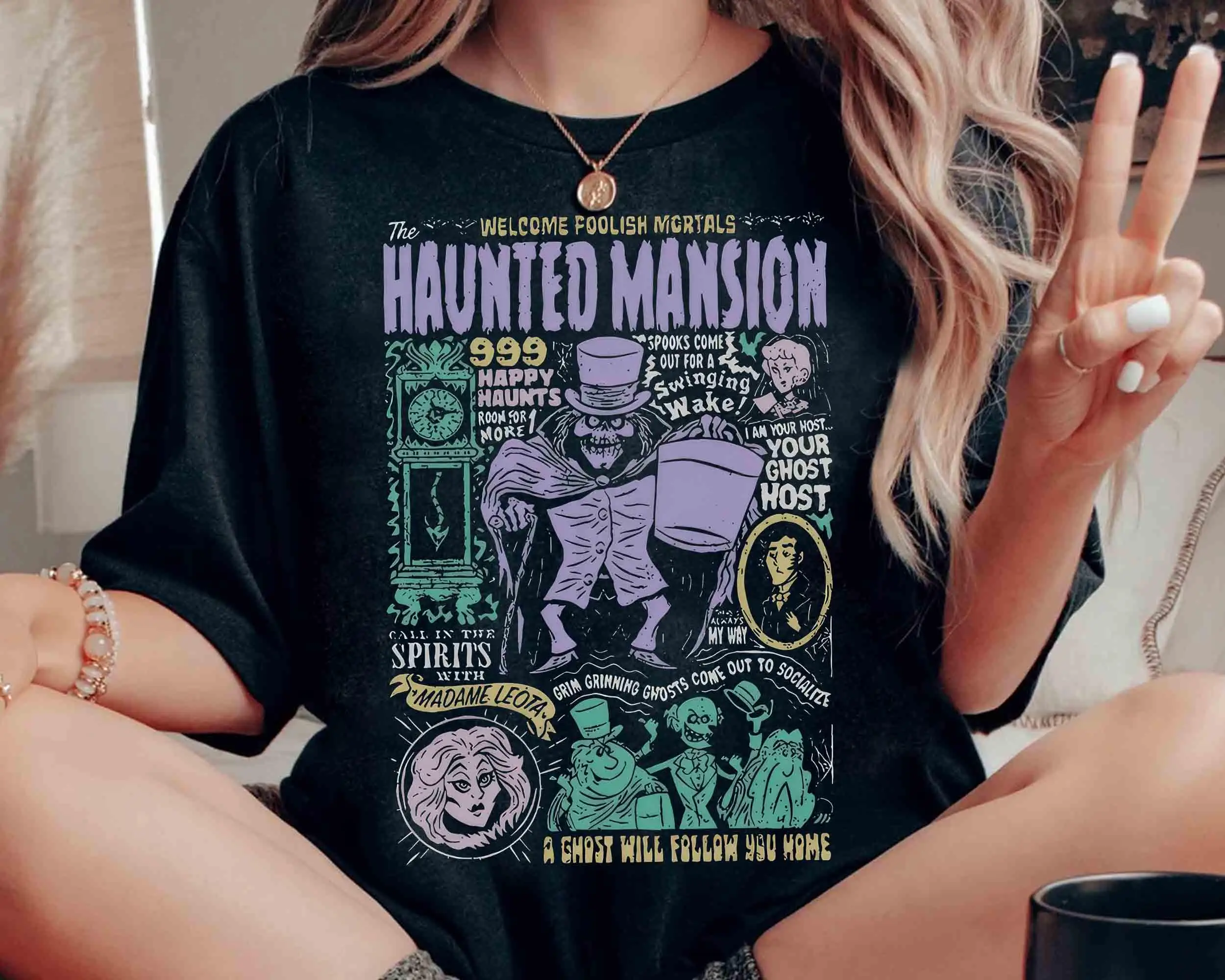 

Винтажная рубашка с особняком с привидениями, ужасы Диснея, футболка Mrs. Leota Hitchhiking Ghost, хлопковая всесезонная базовая рубашка унисекс
