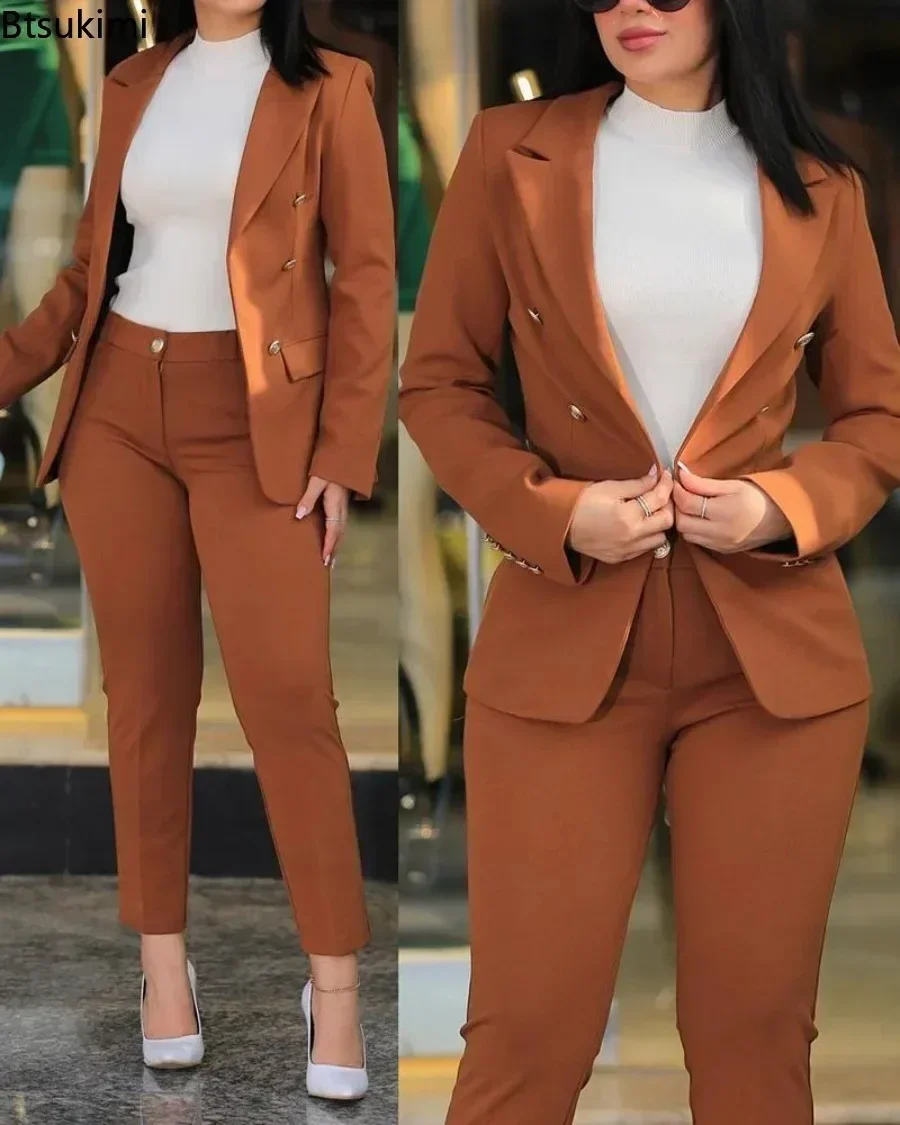 2024 Women\'s Office Business Pant Sets 2PCS Solid Double Breasted Blazers Jacket and Pants Sets Two Pieces Female Pant Suits Set