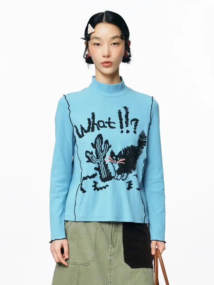 

MOVEUP Long Sleeved High Neck T-Shirt Autumn Casual Cartoon Letter Cat Print Contrast Wavy Seams Knit Tee For Women 3EWQ10503