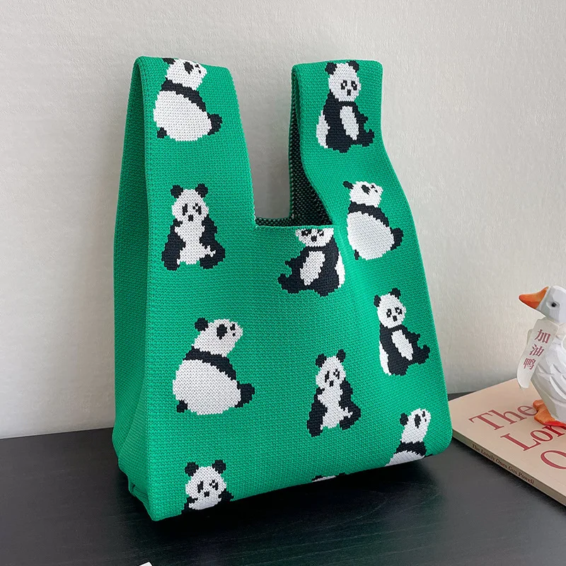 Cute Panda Pattern Knitted Handbag Korean Style Trendy Versatile Tote Bag Portable Reusable Shopping Bag Phone Key Pouch 20*35cm