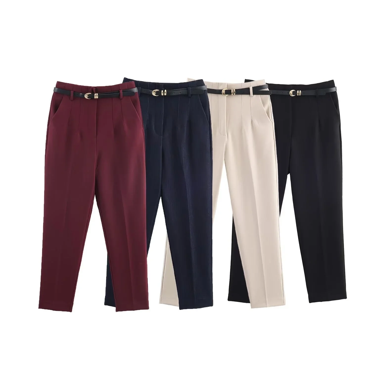 

2025 Autumn New Product Women's Casual Fashion Wrinkle Decoration with Belt Pants High Waist Casual Straight Leg Pants