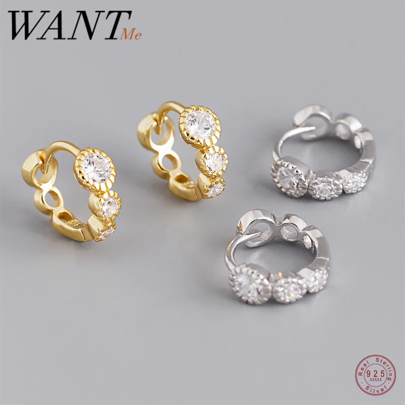 WANTME 925 Sterling Silver Hoop Earrings Luxury Round Zircon Huggies Earrings for Women Fashion Elegant Clips Loops Jewelry Gift