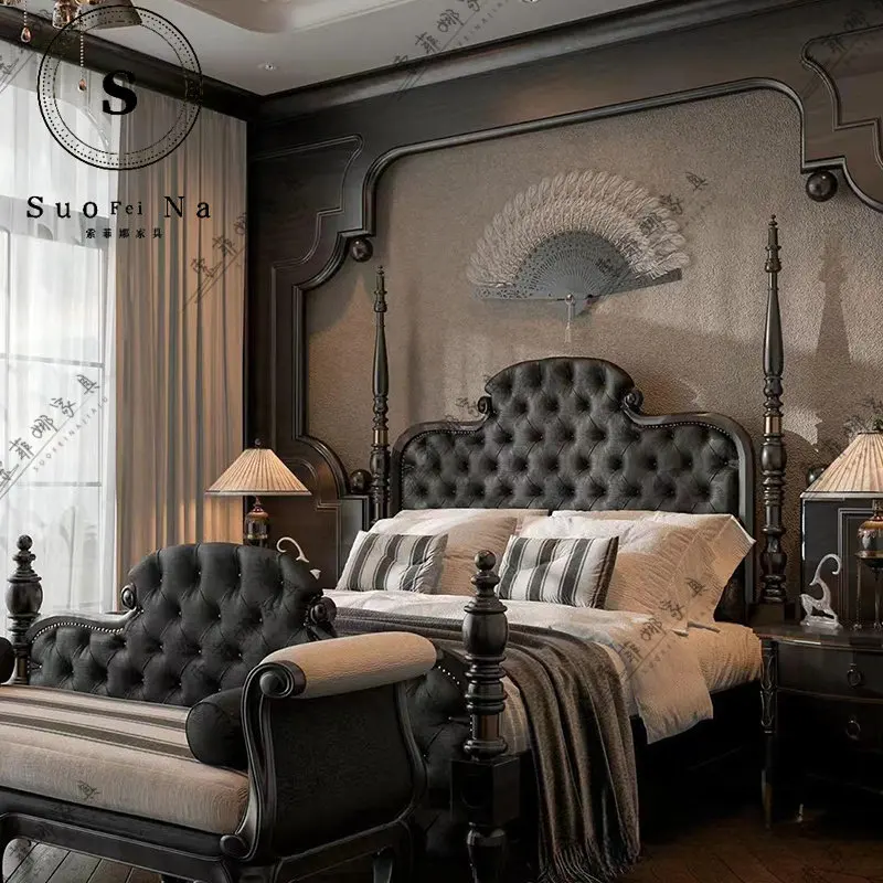 French retro Nanyang style beech fabric bed American master bedroom black 1.8 meters large bed classical solid wood pillar bed