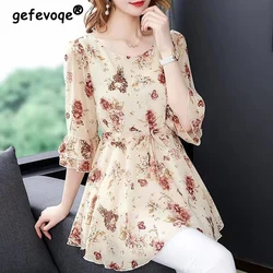 Vintage Elegant Fashion Casual Floral Printing Belt Long Shirt Summer 2023 New O-Neck Half Sleeve Tunic Blouse Women's Clothing