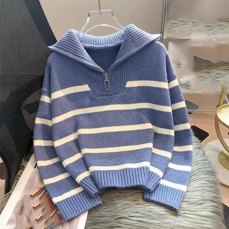 Rasa tinggi wanita longgar sweater Fit Pullover Korea baru wanita pakaian rajut bergaris musim gugur musim dingin wanita rajut lengan panjang