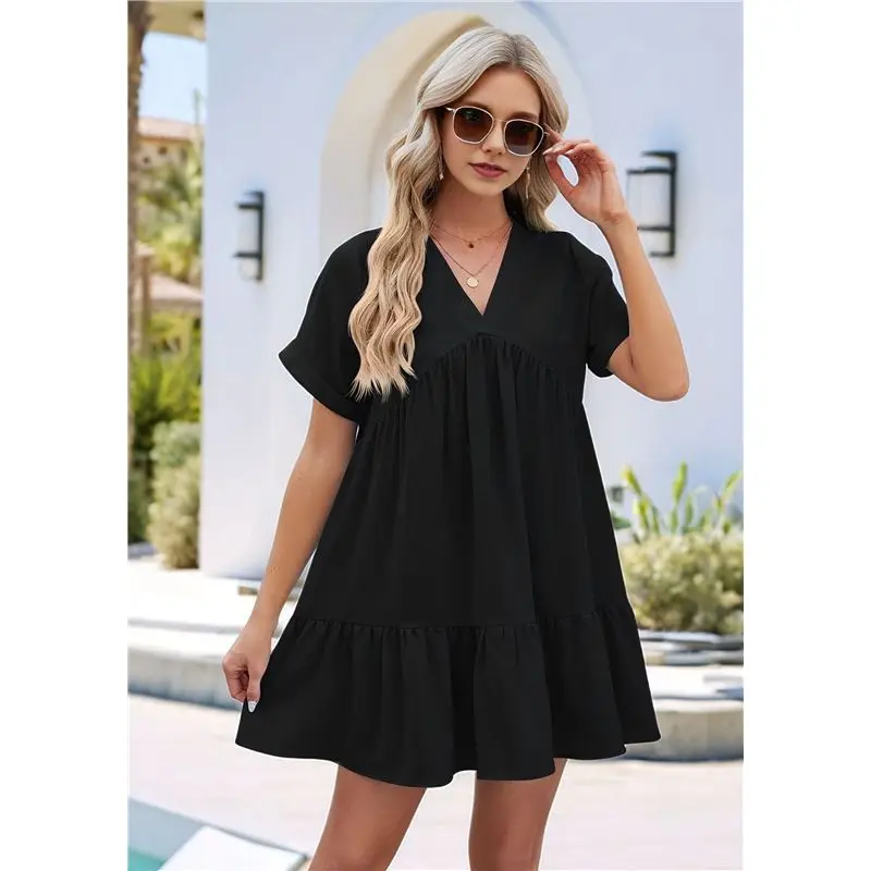 A09P Damen Kurzarm V-Ausschnitt Rüschensaum Solides Swing-Kittelkleid Lässiges, locker sitzendes Minikleid Sommer Strandkleidung