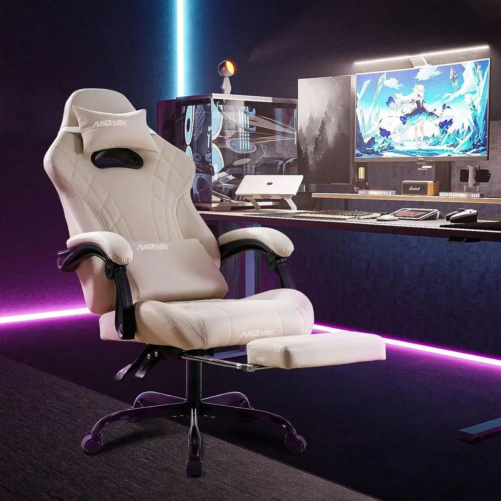 Chair With Footrest And Massage Lumbar Support, Ergonomic Computer Gamer Chair, Office Video Game Chairs With Adjustable Height