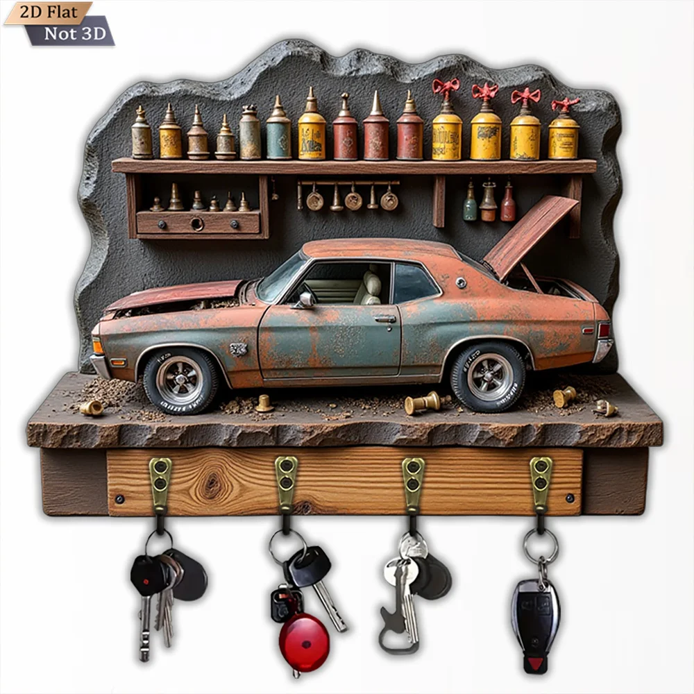 2D Flat, 1pc,  -shaped wooden multifunctional home key hook, with four metal hooks, wall decoration, porch decoration, room