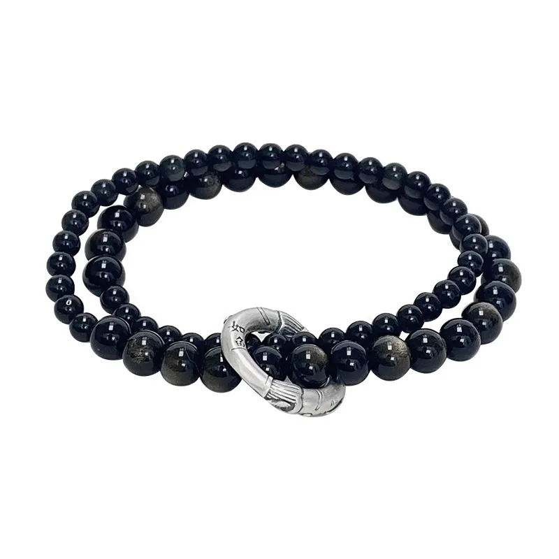 

2026 New Natural Obsidian & Crystal Double-Layer Bracelet, 925 Sterling Silver Couple Gift for Women & Men