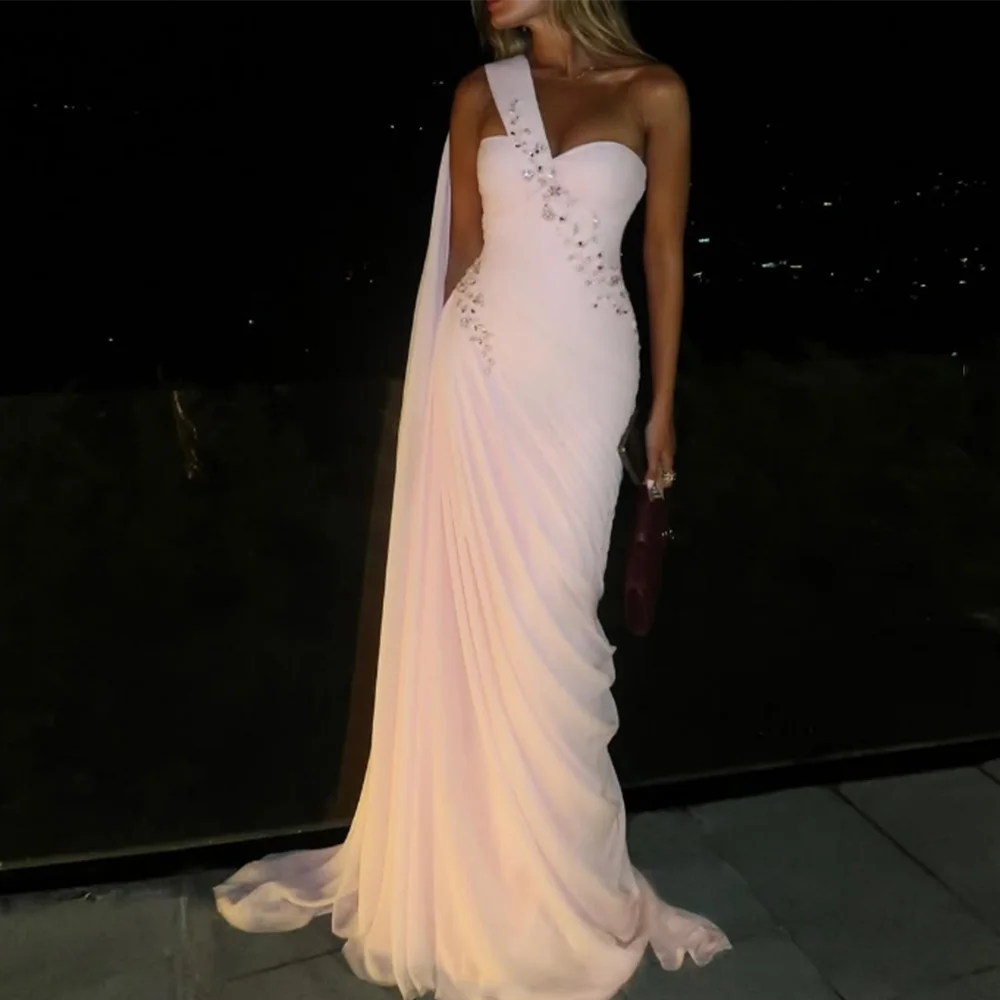 

Customized One Shoulder Neck Formal Evening Dresses Backless Sequined Beading Draped mermaid Prom Gown Long Chiffon Party Dress