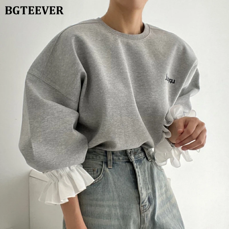 

BGTEEVER Vintage O-neck Letter Female Pullovers Autumn Winter Patchwork Flare Sleeve Women Sweatshirts Ladies Tops