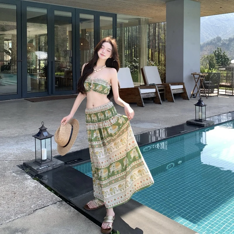

Beach Vaion Sle Women's n Retro een Print Pleated Tube Top Skirt Set Summer Faion Outfits for Young Women