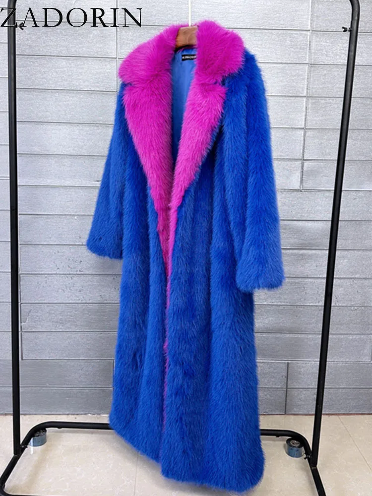 ZADORIN Super Long Fluffy Faux Fox Fur Trench Coat Women Lapel Contrast Color Furry Jacket Winter Clothes Women 2024 Fur Coats