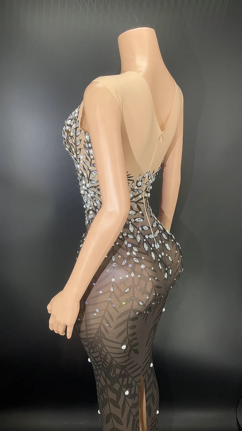 Robe Longue Personnalisée en Dentelle Transparente, Tenue de Spectacle, Paillettes, Diamant d'Eau, Hanche Ronde, Sexy