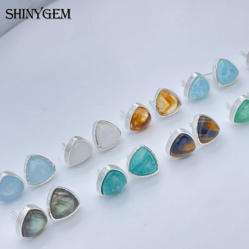 SHINYGEM Natural Stone Amethyst Larimar Triangle Stud Earrings Copper Plated White Gold Jewelry Women  Daily Party Accessories