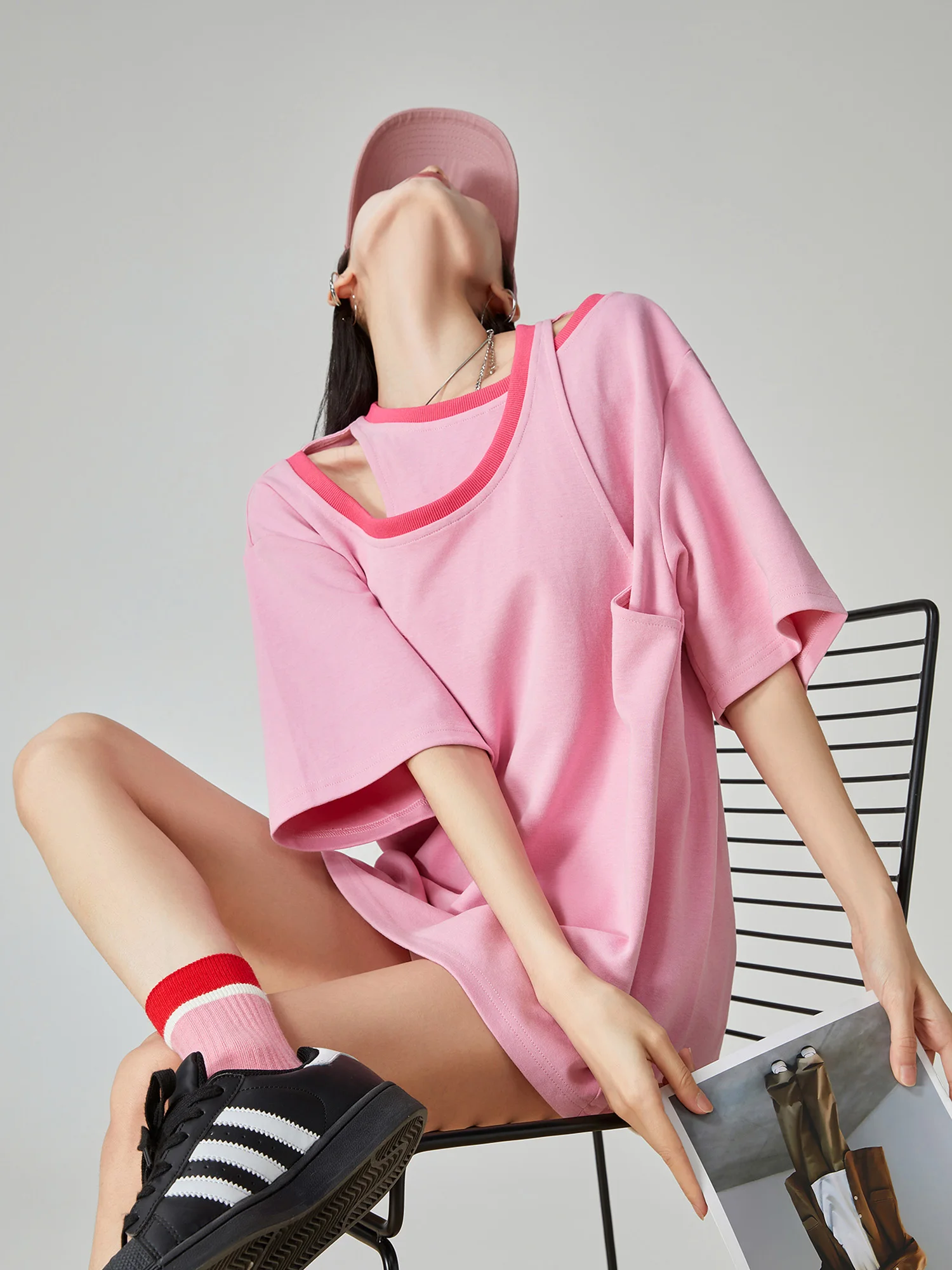 

Розовая футболка с двойным воротником, женская летняя свободная модель в стиле ретро, модный повседневный топ от Little da's Flower