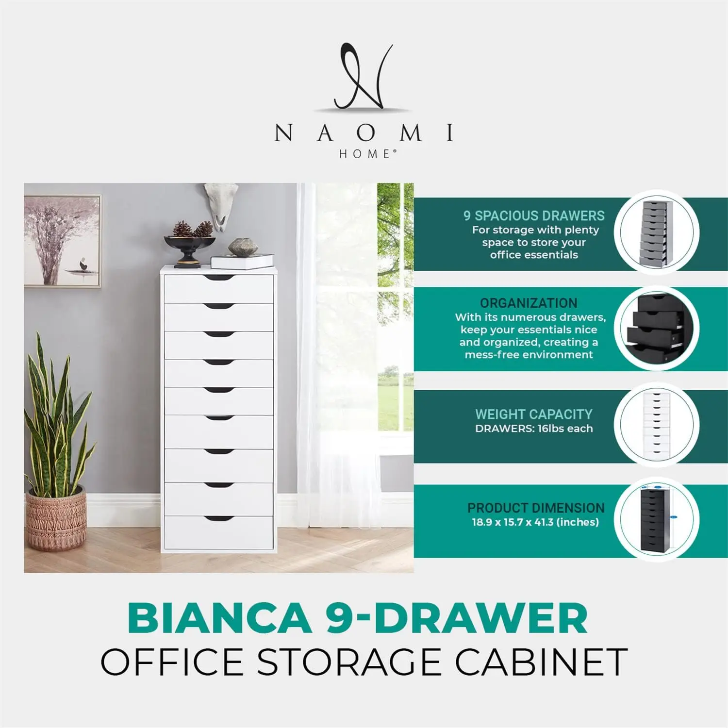 9 Drawer Dresser for Bedroom, Stylish Tall Dressers with Wheels, Storage Shelves, Small Dresser for Closet, Makeup Dresser with view 4