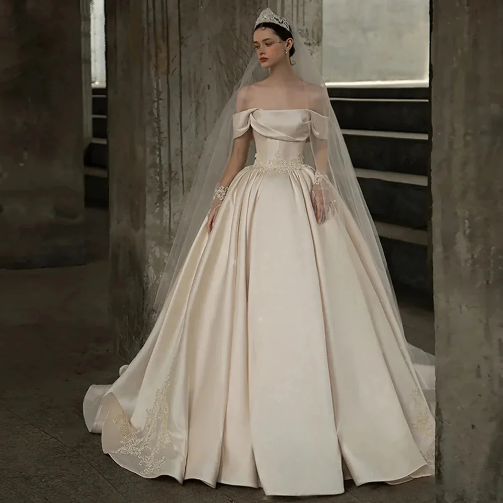 Vestidos De Novia z odkrytymi ramionami koronkowe aplikacje z krótkimi rękawami gorset ślubny na plecy sukienki sznurowana satynowa suknia Brida Vintage