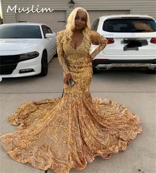 Sparkly Gold Sequin Prom Dress Plus Size Black Women Mermaid Evening Gowns Long Sleeve Appliques Lace Birthday Formal Customized