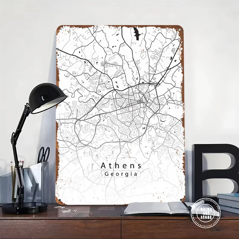 Athens Georgia City Map Poster Customized Wall Art Vintage Metal Signs Retro Tin Plaque for Man Cave Setup Decorations Wand Deko