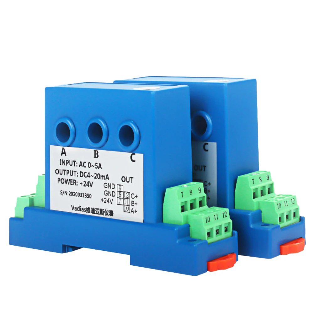 Three Phase Current Measurement Device for Energy Management DC24V Supply 4-20mA Output Blue ABS Enclosure 7x14x4cm
