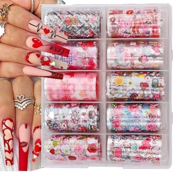 100X4cm Valentine's Day Love Heart Nail Foils Pink Flowers Heart Adhesive Nails Wraps DIY Cute Girl Manicure Heart Transfer Foil