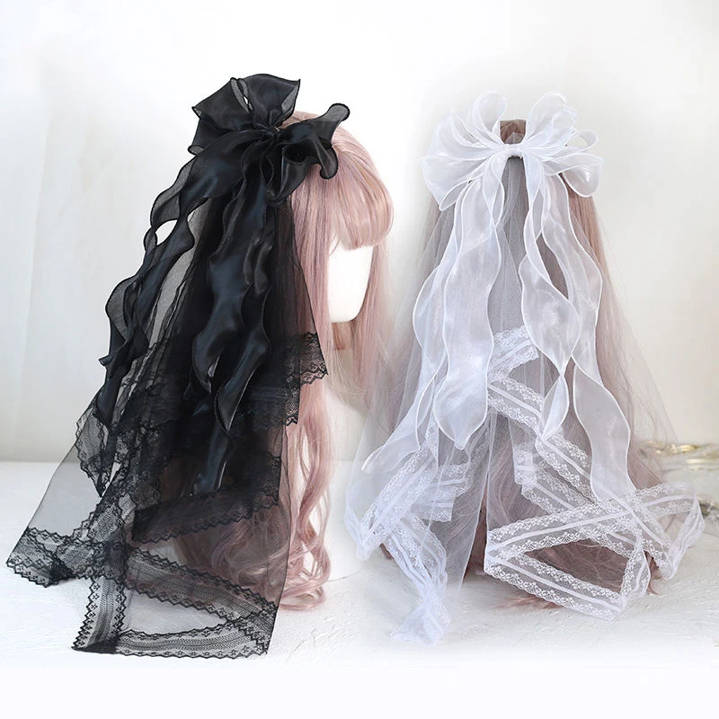 

Лента с бантом, повязка на голову с заколками для девочек, кружевная вуаль в стиле Лолиты с рюшами, вуаль Ogenya, большой бант, однотонная повязка на голову, милый головной убор для косплея в стиле аниме