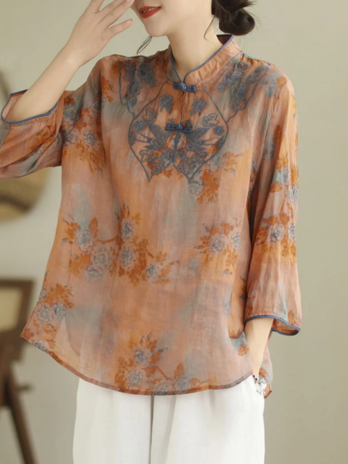 Retro Hemp Embroidered 7/8 Sleeve Shirt Large Size Women's Stand Collar Button Slim Fit Asymmetrical Linen Print Top