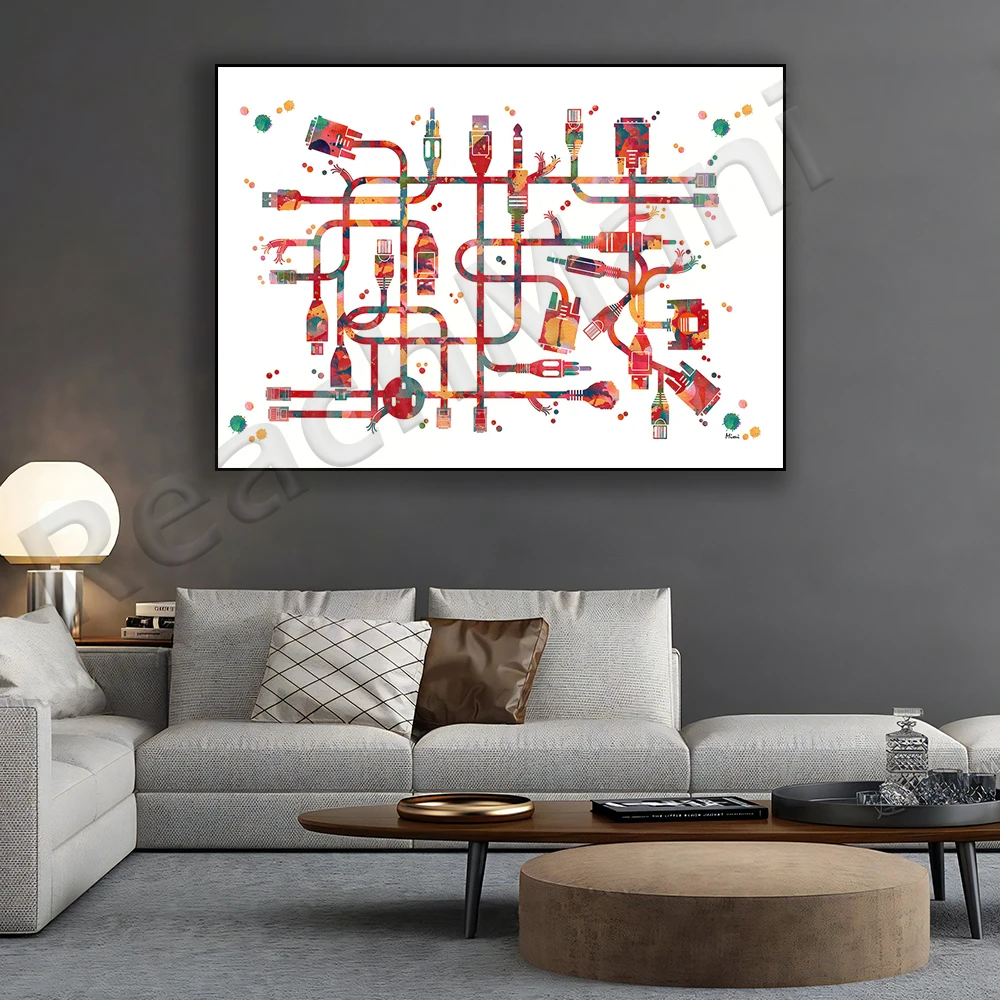 Watercolor Plugs and Wires PC Prints, Computing Network Science Art Prints Cables and Connectors Information Technology Gifts