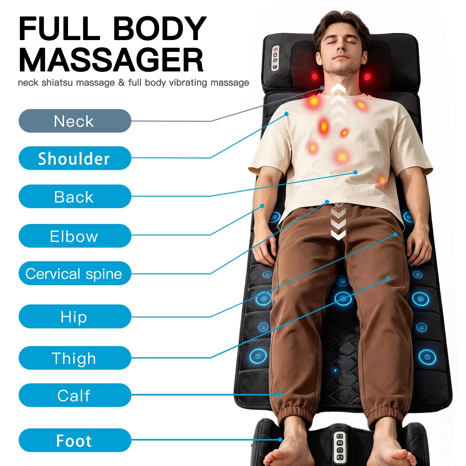 Multifunctional Heated Full Body Massage Mat with Kneading Vibration, Foldable Lumbar Support & Timer, Detachable Neck Foot Massagers, Non-Slip Fit for Bed, Sofa, Home Office & Daily Relaxation